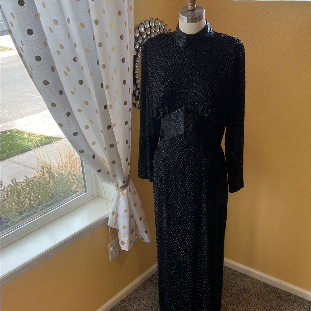 Vintage 80s Oleg Cassini Black Tie Beaded Evening Gown Size 10